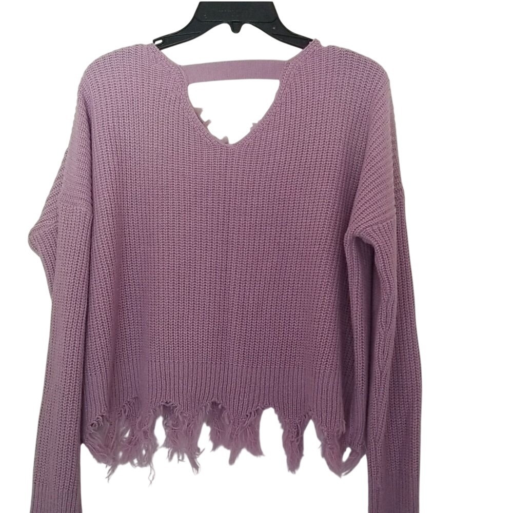 Jolie & Joy Sweater Women XL Purple Distressed V-Neck Frayed Hem Shaker Knit